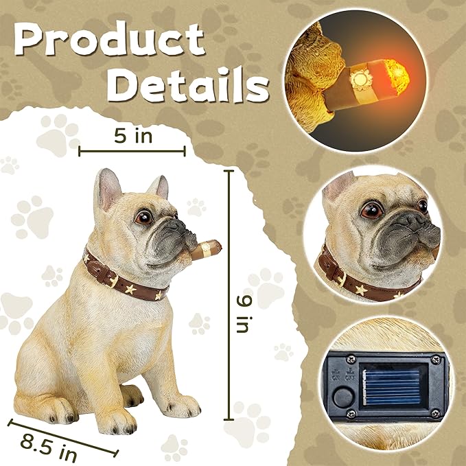 French Bulldog Solar Garden Statue - Outdoor Yard, Lawn, Patio Dog Decor - Unique Birthday Housewarming Gift for Dad, Mom, Men, Women