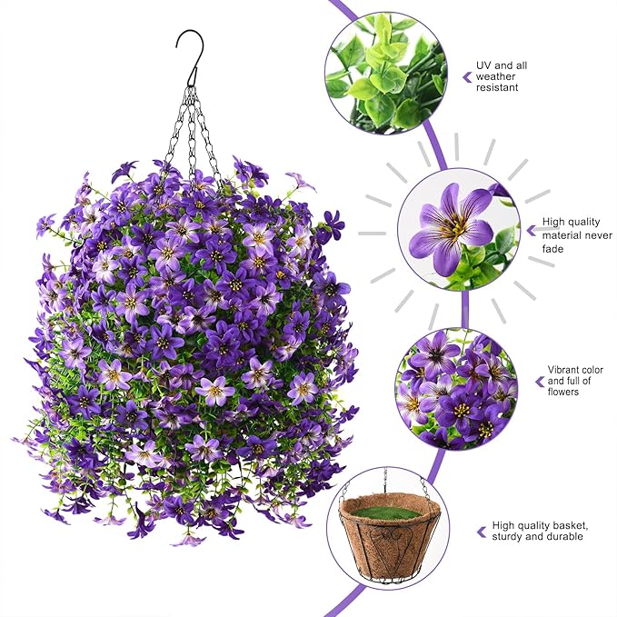 Artificial Hanging Baskets Outdoor, 4 Bundles Artificial Hanging Flowers Outdoors Spring Summer Decoration, No Fade Realistic Fake Hanging Baskets for Porch Patio Balcony Home Yard Decor
