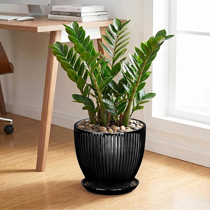 10 Inch Planter, Ceramic Plant Pots with Drainage Hole and Saucer, Large Decorative Planters for Indoor Plants, Modern Plant Pot, Round Flower Pot, House Bedroom Decor, Black