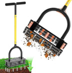 Aerator Lawn Tool - 2-in-1 Reinforced Heavy Duty Manual Lawn Aerator with 15 Spikes, Automatic Dirt and Leaf Clean Design, Adjustable T-Handle (Yellow)