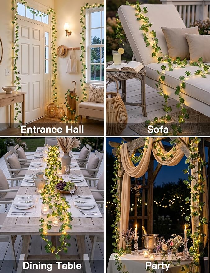 suddus Vines with Fairy Lights Battery & USB Powered Operated, 33ft 100 LED Monstera Leaves String Lights with Remote, Artificial Plants for Indoor, Bedroom, Wall, Party Tropical Decor(Warm White)