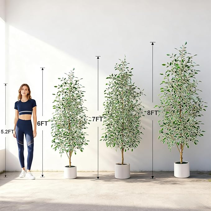 Bailikang 8FT Artificial Ficus Trees Indoor Faux Trees Indoor Fake Floor Plants Tall Artificial Tree with White Pot Faux Tree Fake Indoor Tree Silk Plants Artificial Trees for Home Decor Indoor