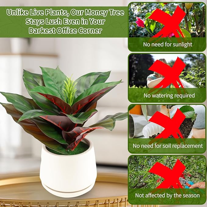 Realistic Artificial Potted Desk Plant Faux Calathea in Ceramic Pot, 8.7" Small Faux Greenery Fake Prayer Plant for Desk, Bathroom, Office, or Home Decor (Evergreen, Maintenance Free)