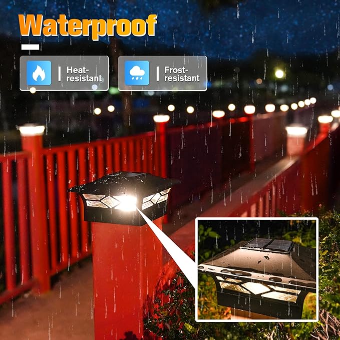 VOLISUN Solar Post Cap Lights: 12 - Pack Outdoor Deck Post Cap Lights Black for Dock Fence Waterproof 2 Color Modes,4x4/6x6 Wooden/Vinyl Posts