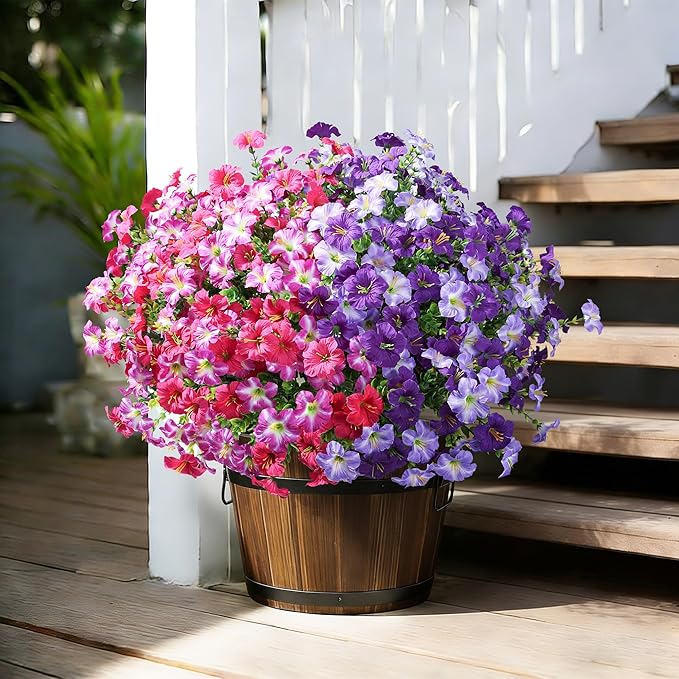 Artificial Flowers for Outdoors Fake Plants Outside Decoration, 20 Bundles Silk Petunia with Eucalyptus UV Resistant Realistic Faux Flowers for Outdoor Planters Garden Balcony Yard Porch Patio, Mix
