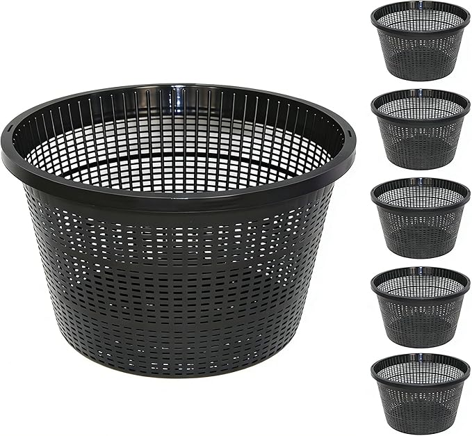 8.5-Inch Round Aquatic Plant Baskets - 6 Pack Durable Black Plastic Mesh Pond Containers for Live Aquarium Plants, Pond Planting & Hydroponic Pots