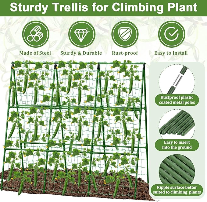 Tidponra Cucumber Trellis for Garden, 50 x 54 Inches A Frame Gardening Trellis with Fabric Raised Garden Bed, Climbing Net and Plant Support Clips for Climbing Plants