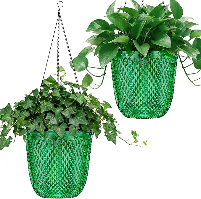 QCQHDU Self Watering Hanging Pots, 2 Pack 5.7 Inch Hanging Planters for Plants Indoor, Flower Pots with Drainage Holes and 3 Hooks Chains for Garden Home (Emerald)