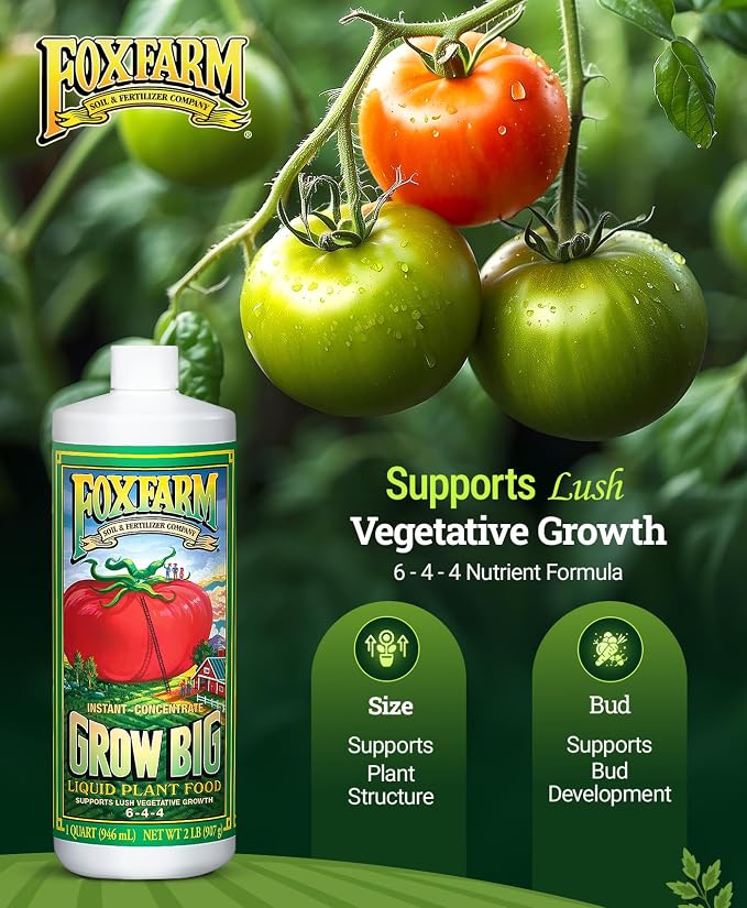 FoxFarm Grow Big Liquid Plant Food - 6-4-4 House Plant Fertilizer for Lush Vegetative Growth, Fast Nutrient Uptake for Roses, Tomatoes & Veggies - Quart Size Concentrate