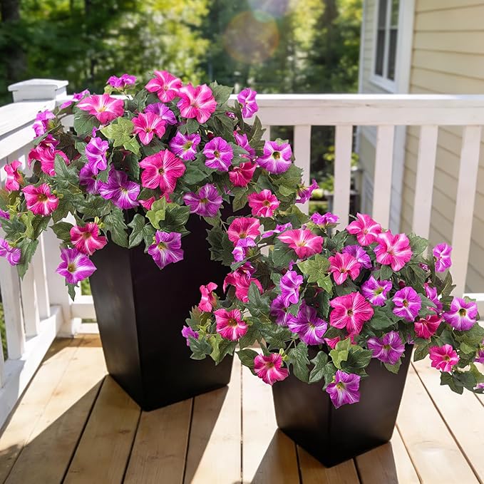 Ammyoo 4 Pcs Artificial Fake Petunia Flowers for Outdoor Decoration, Faux Silk Petunias Flower for Spring UV Resistant Realistic Plants for Garden Balcony Yard Porch Indoor Decor(Fuchsia Lotus)