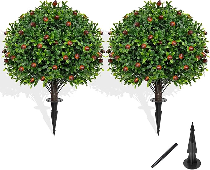 Grooy 2 Pack Artificial Olive Topiary Tree, Artificial Shrub Bushes with Ground Spike, Fake Evergreen Tree for Porch, Artificial Plants for Outdoor Planters Indoor UV Resistant