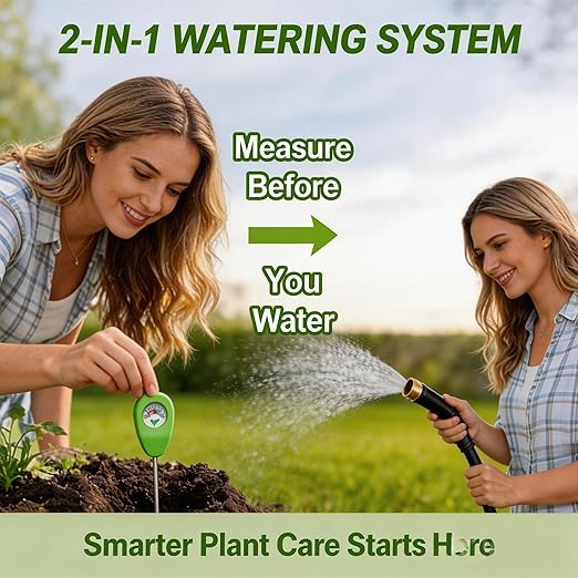 50FT Garden Hose with Soil Moisture Meter, Flexible Non-Expanding Water Hose, No Kink Leak Proof, Analog Plant Moisture Tester, Watering Control System for Lawn Garden Plant Care