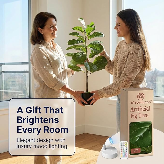 Artificial Fiddle Leaf Fig Tree 3ft (36 Inch) Tall - with Remote LED Spotlight - Realistic Faux Potted Plant & Moss for Living Room & Office Decor