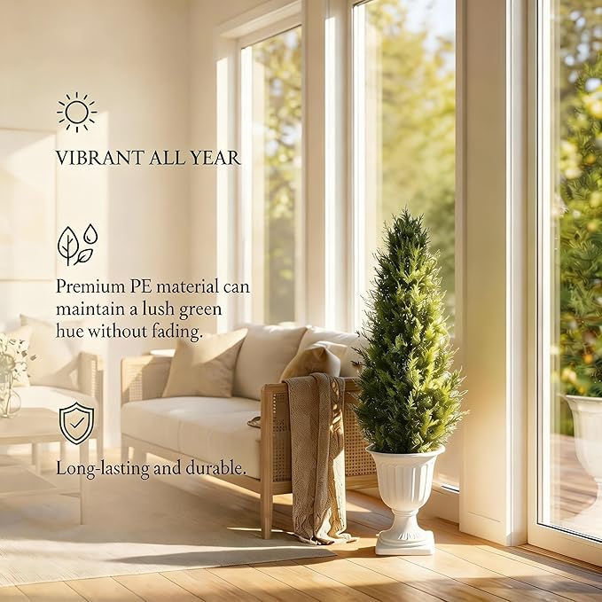 Realistic Artificial Cedar Tree with Planter Set of 2,Faux Topiary Cypress Plant for Home,Office,Living Room,Porch Indoor Outdoor Decor,No Maintenance Fake Evergreen Shrub (4.5FT White)