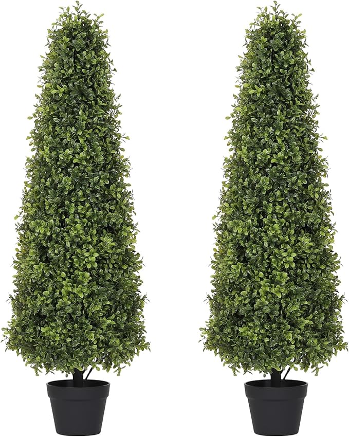 4ft Artificial Boxwood Topiary Trees (Set of 2) - UV Resistant Faux Plants Outdoor, Realistic 48in Fake Potted Bushes and Shrubs for Front Porch, Planter, Patio, Evergreen