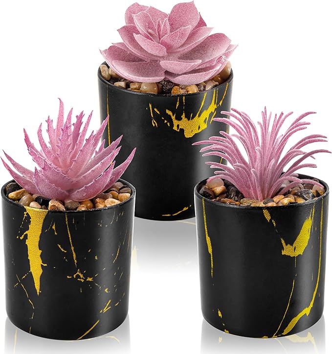 Der Rose 3 Pack Fake Plants Succulents Plants Artificial in Black Pots for Pink Room Decor Aesthetic Home Office Desk Accessories for Women
