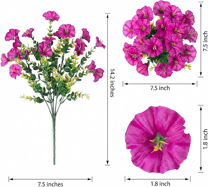 Artificial Flowers for Outdoors, 6 Bundles Fake Plants for Outside Decoration, UV Resistant No Fade, Realistic High End Silk Plastic Morning Glory for Planter Porch Patio Yard Garden