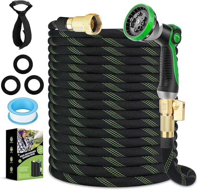 Non-Expandable Garden Hose 100 ft, Ultra Lightweight & Flexible Water Hose With 10-Pattern Spray Nozzle, Full Length Leak-Proof Design, High-Density Fabric & Shut-Off Valve, Hose Straps