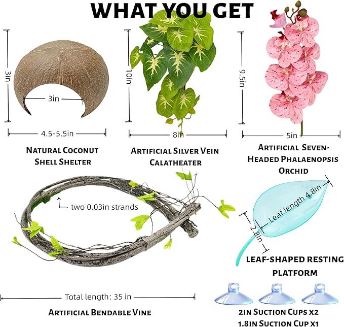 Crested Gecko Terrarium Decor Kit - 5PCS Rainforest Tank Accessories with Coconut Hide, Climbing Vines, Leaf Platform & Artificial Plants - Habitat Enrichment for Humidity & Hiding(Pink)