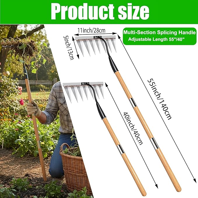 Garden Rake with Long Handle, 55" Gardening Tools Heavy Duty Rake, 7 Tines Sharp Edge Garden Weeding Tools, All Steel Hardened Hoe Garden Hand Rake Tools for Backyard Lawn Loosening Planting Weeding