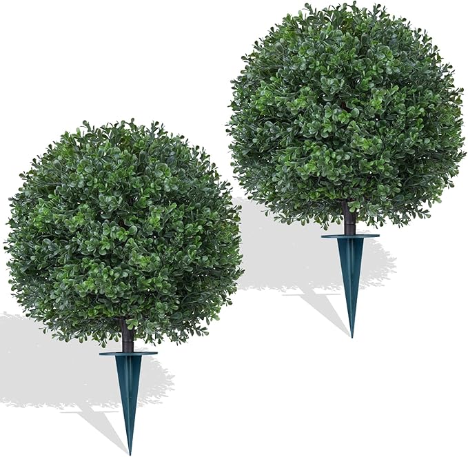 2Pcs Artificial Boxwood Topiary Ball Tree, UV Resistant Artificial Outdoor Shrubs with Spike, Decorative Evergreen Fake Topiary Bushes Plant for Front Porch Garden