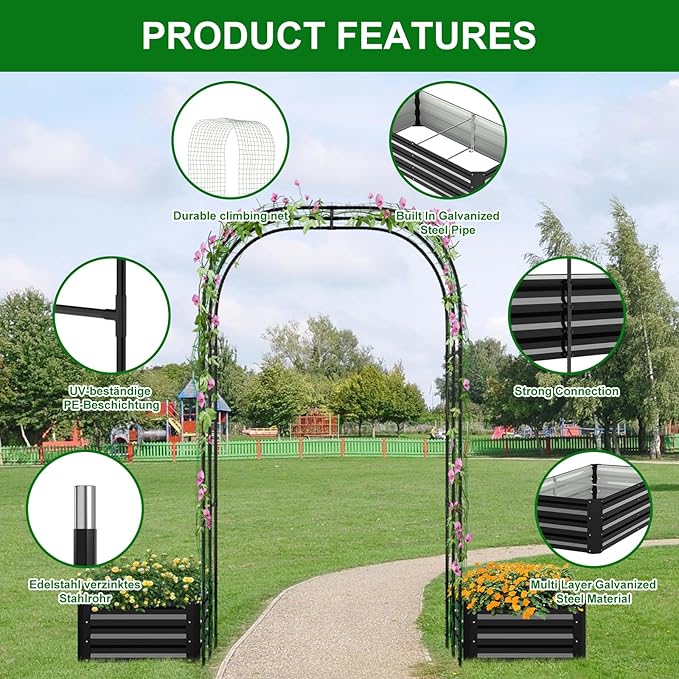 SUNYRISY Galvanized Raised Garden Bed with 87" H Arch Trellis for Climbing Plants Outdoor, Metal Planter Box with Netting for Gardening Flowers Vegetables Fruit, Black