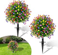 23" Artificial Topiary Boxwood Ball Trees with Ground Spike, Set of 2, UV Resistant Fake Bushes Plants with Camellia Flowers, Faux Cedar Balls Shrubs for Outdoor Indoor Front Porch Garden Decor
