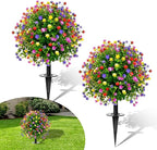 23" Artificial Topiary Boxwood Ball Trees with Ground Spike, Set of 2, UV Resistant Fake Bushes Plants with Camellia Flowers, Faux Cedar Balls Shrubs for Outdoor Indoor Front Porch Garden Decor