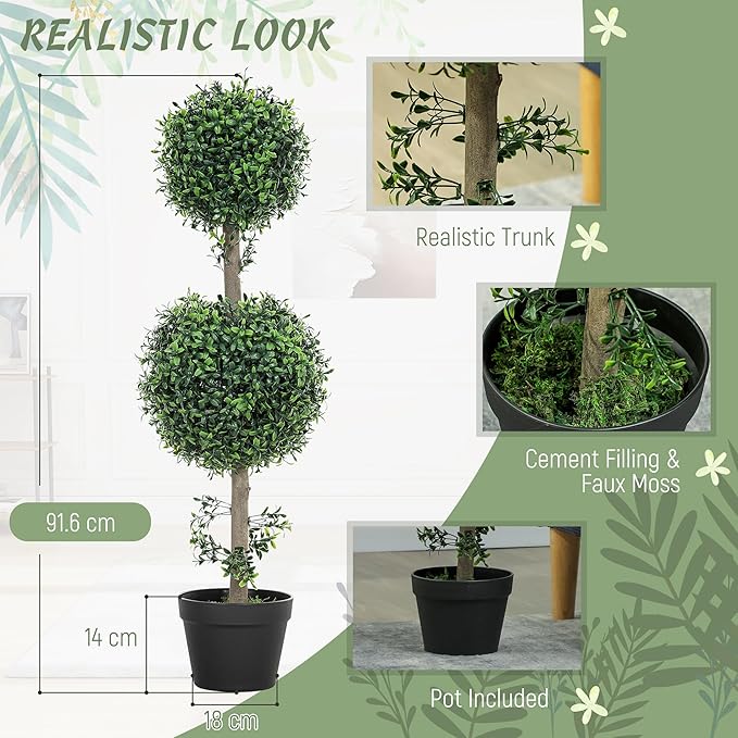 HOMCOM Artificial Plants Topiary Ball-Shaped Boxwood Trees in Pot Set of 2 Fake Plants for Home Indoor Outdoor Front Porch Decor, 36 Inch, Green
