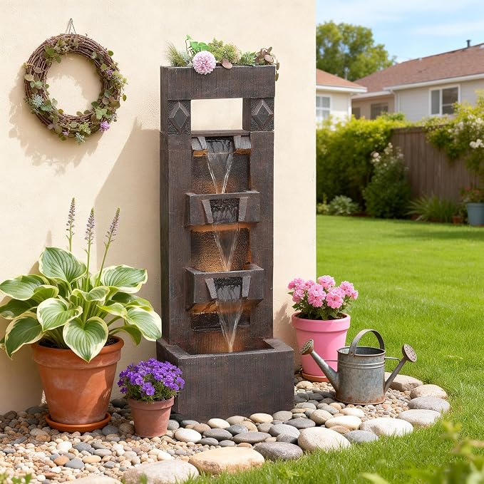 Bumilgar 40.9" H 4-Tier Indoor/Outdoor Modern Water Fountain with Led Lights and Pump, Outdoor Freestanding Cascading Waterfall - Suitable for Garden, Patio, Porch, Yard and Outdoor Decor (Brown)