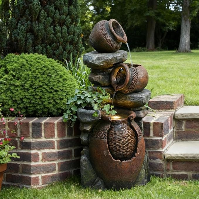 Bumilgar Outdoor Garden Water Fountain for Garden, Patio, Backyard, Deck, Porch and Home Art Decor, 3 Tiers Modern Cascading Outdoor Fountain with Lights 38.4" H