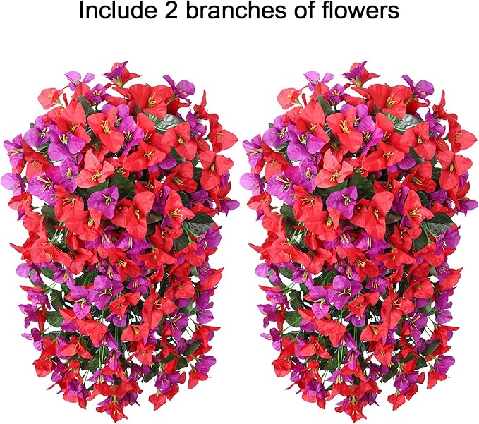 HyeFlora Bougainvillea Artificial Hanging Flowers Plants for Outdoors Decoration, 2pcs Fake Flowers Bougainvillea Vines Realistic UV Resistant Silk Flower for Outside Planter Porch Patio Yard Urn, Mix