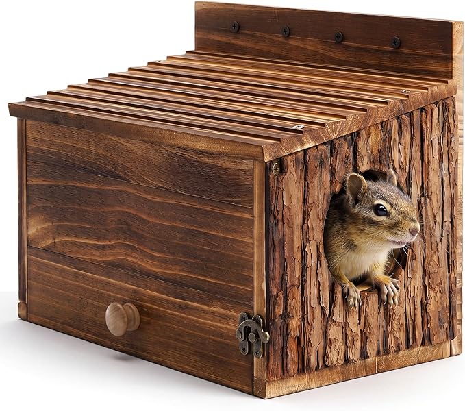Chumia Squirrel Nesting Carbonized Wooden Squirrel House Outdoor Weather Natural Style Ventilation Easy to Clean Breed Living Shelter for Bird Small Animal