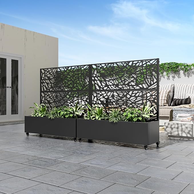 Casaphoria Metal Raised Garden Bed with Trellis and Wheels, 47"x47"x16" Planter Box for Climbing Plants, Vegetables & Vines, Features Drainage Holes and Privacy Screen (Black-Net)