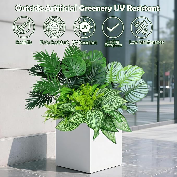 Artificial Greenery Plants Outdoor UV Resistant, 10 Bundles Large Faux Fern Bushes, Shrubs & Tropical Plants, Fake Plants for Planters, Porch, Patio, Garden & Poolside Spring Summer Decor