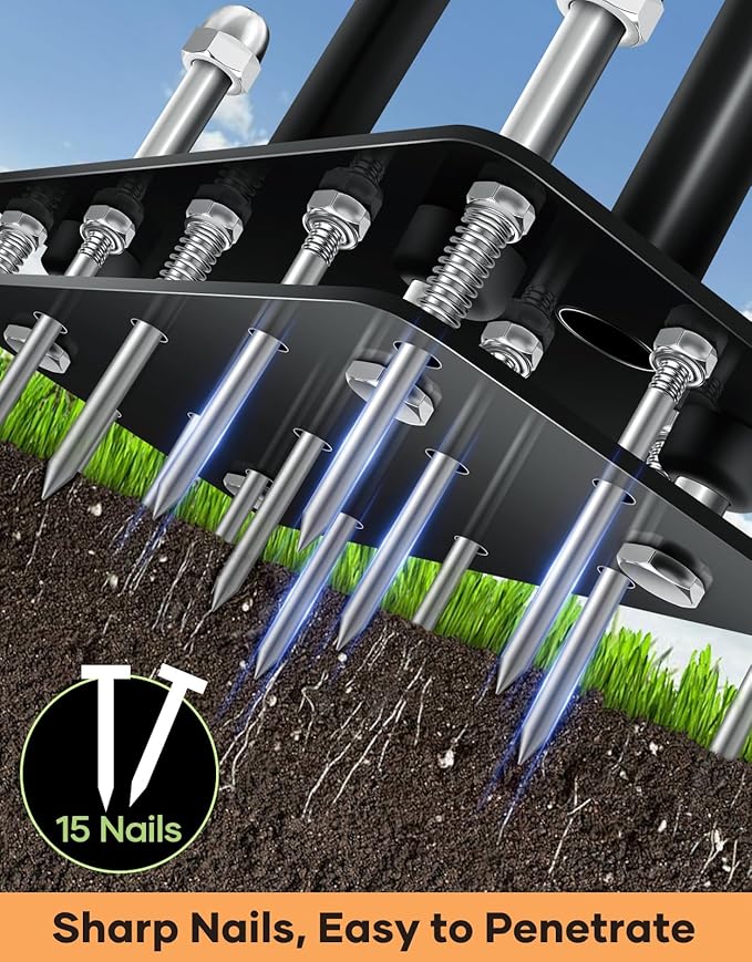 Sakerplus Aerator Lawn Tool, Hand Metal Spike Lawn Aerator with Rebounce Spring Base, Automatic Leaf and Dirt Cleaning, Grass Aerator for Lawn Care, Soil Loosening, Yard Aerating (Black Handle)