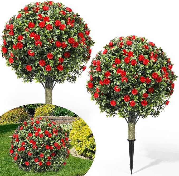 Lunmon 2 Pack 24" Artificial Topiary Ball Plants Trees with Flowers, Outdoor Fake Topiary Plants with Ground Spike, UV Resistant Faux Bushes for Indoor Outdoor Front Door Decor(Red,Rose)