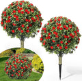 Lunmon 2 Pack 24" Artificial Topiary Ball Plants Trees with Flowers, Outdoor Fake Topiary Plants with Ground Spike, UV Resistant Faux Bushes for Indoor Outdoor Front Door Decor(Red,Rose)