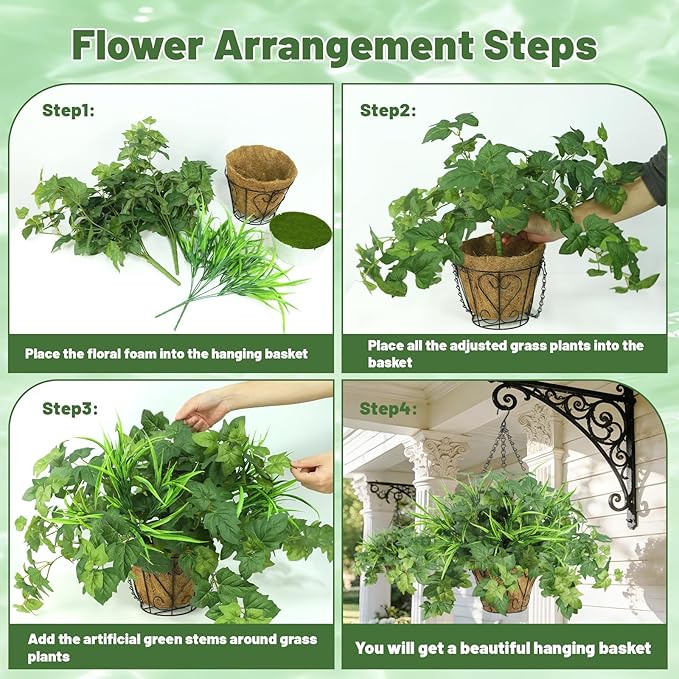 Artificial Hanging Plants with Basket, 5 PCS UV Resistant Fake Outdoor Greenery, Faux Grape Leaves for Home Garden Patio Front Porch Yard Decor