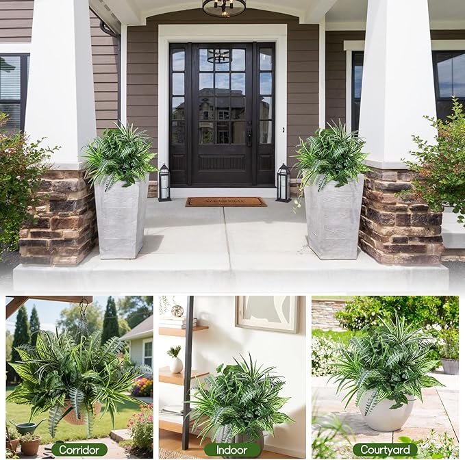 Pertivery 10 Bundles Artificial Plants, UV Resistant Outside Faux Plants Bushes, Large Fake Realistic Plastic Leaves and Stems, for Outdoor Garden, Patio, Yard,Porch Decor (Green)