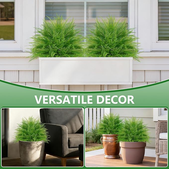 Grooy Artificial Fern Topiary Ball with Ground Spike, Set of 2 Faux Boston Fern Plants Shrub, Fake UV Resistant Evergreen Bushes for Porch Garden Indoor Outdoor Decor