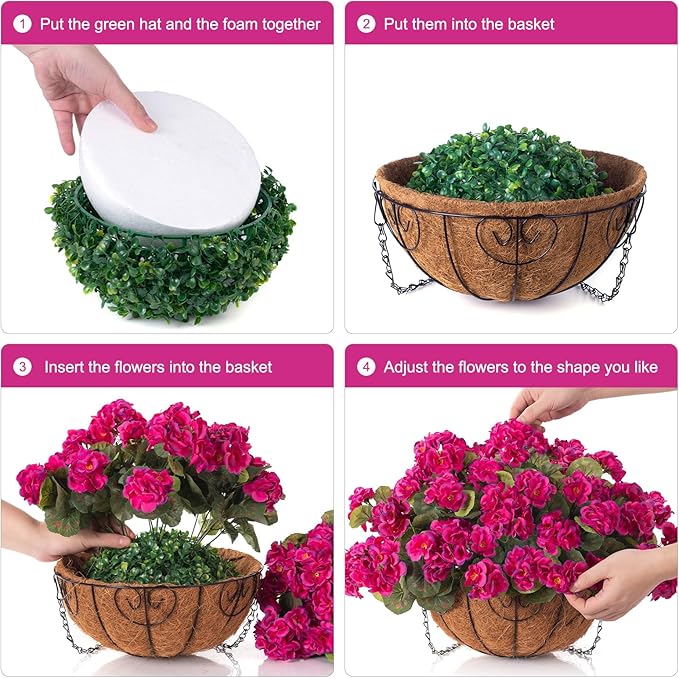 INSPRING Geraniums Artificial Flowers Hanging Basket for Outdoors Outside Spring Decoration, 8 Bundles Silk Flowers Fake Plants Look Real UV Resistant for Porch Home Patio Balcony Yard, Fuchsia