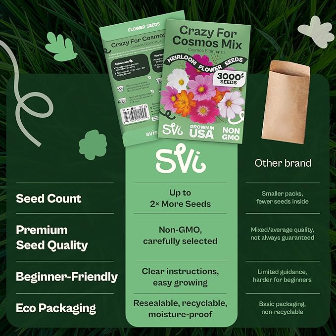 SVI 3000 Mix Crazy for Cosmos Seeds (Cosmos bipinnatus) – Cosmo Mix Wildflower Seed Packets – Easy Grow Annual, Bulk Flower Seeds for Outside Flower Garden, Containers, Flowers Beds