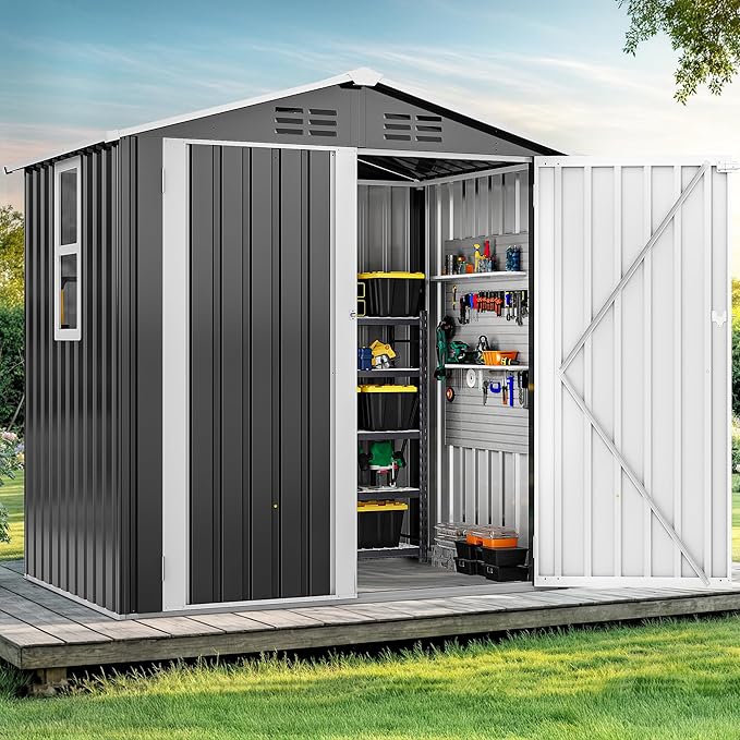 DWVO 6x4ft Large Tool Storage Shed with Window, Lockable Doors, and Sloped Roof, Oversized Steel Outdoor Storage Shed for Garden, Patio, Garage, Backyard, Lawn - Gray White