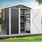 DWVO 6x4ft Large Tool Storage Shed with Window, Lockable Doors, and Sloped Roof, Oversized Steel Outdoor Storage Shed for Garden, Patio, Garage, Backyard, Lawn - Gray White
