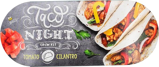 BUZZY Taco Night Grow Kit, Tomato and Cilantro Indoor Gardening Set with Non-GMO Seeds, Coconut Husk Growing Medium, and Yellow Metal Windowsill Planter