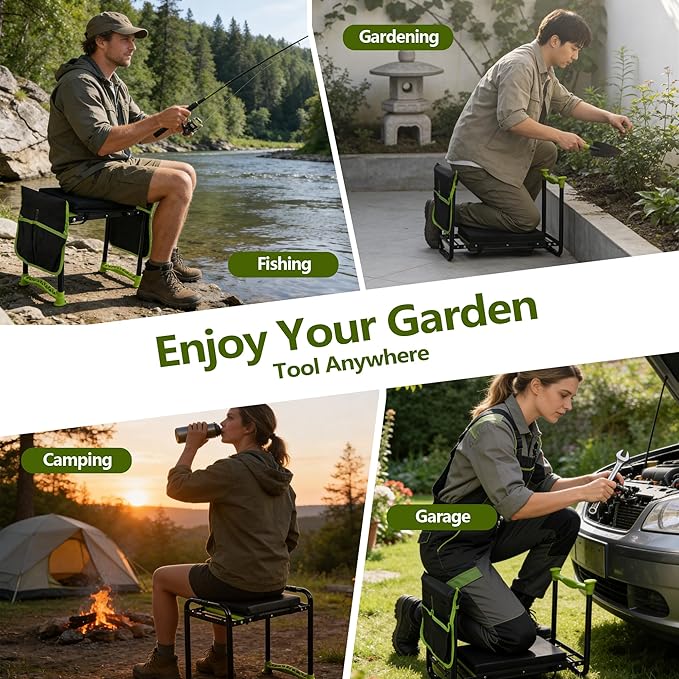 Garden Kneeler and Seat, Heavy Duty Garden Stool with 11" Wide Detachable Kneeling Pad, Foldable Garden Bench Chair with 2 Gardening Tool Pouches, Gardening Gifts for Women, Seniors