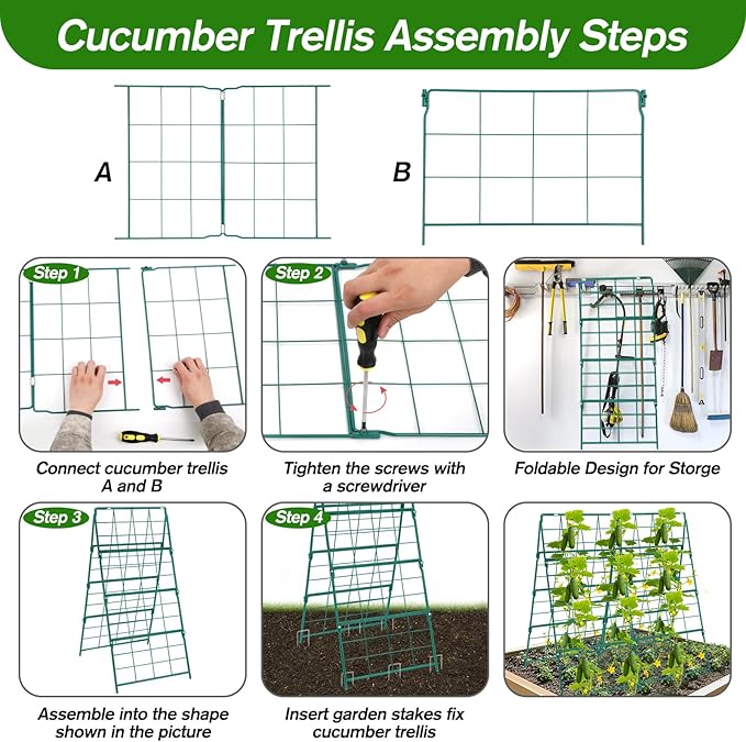 Cucumber Trellis for Raised Bed A Frame Metal Garden Trellis for Climbing Plants Outdoor, 42 x 32IN Foldable Coated Steel Cucumbers Trellis, Easy to Install Cucumber Trellis for Vegetable Fruit Flower