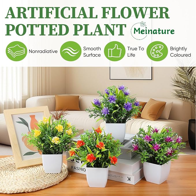 Fake Plants 4 Packs, Small Artificial Plants with Flowers, Black Faux Plants for Bathroom, Office, Home, Conference Table Decor, Indoor Desk Decor for Library, Restaurant