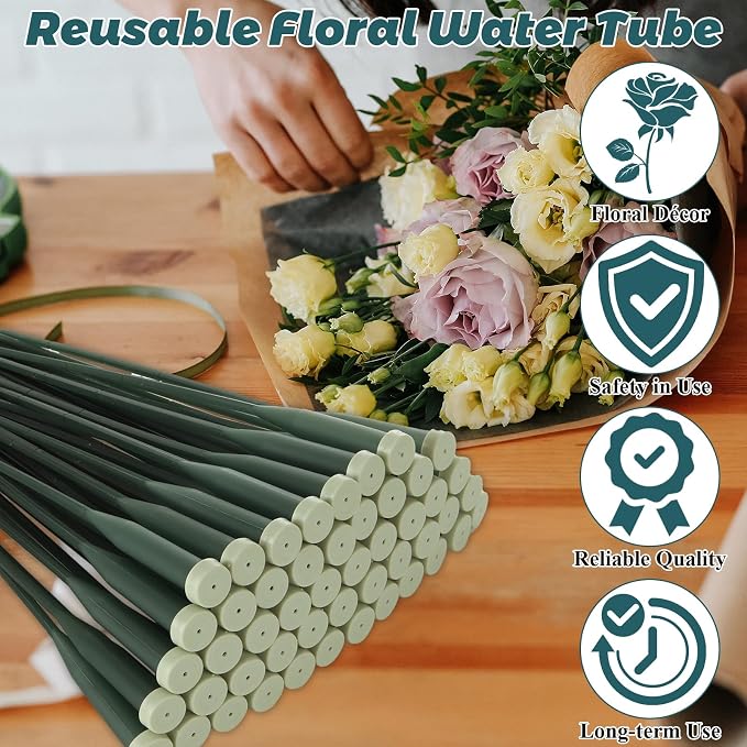 LDHHYH 100 Pack 12 Inch Green Floral Water Tubes, Plastic Fresh Flower Water Tubes with Rubber Caps, Floral Water Picks for Flower Arrangements Supplies